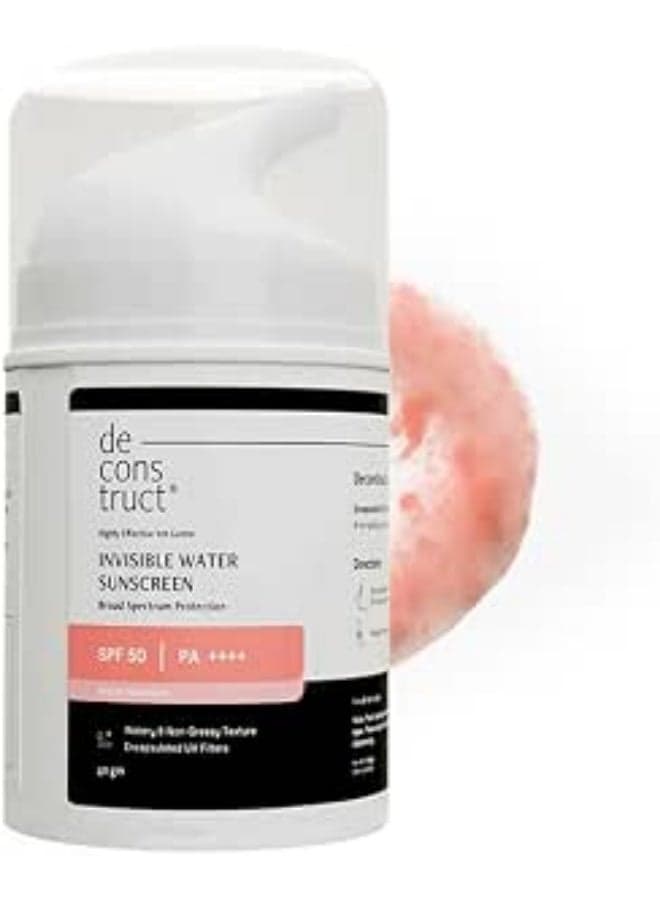 Deconstruct Invisible Water Sunscreen SPF 50 PA+++ | Instant Cooling & Freshness | 8-Hour Long Lasting Sunscreen | Broad Spectrum UVA & UVB Protection | No White Cast | For All Skin Types | 40g