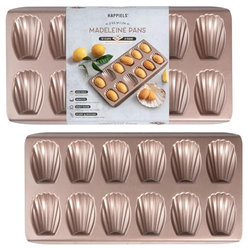 HAPPIELS Non Toxic Nonstick Madeleine Pan 12 Well Set of 2 (24 wells) | Non Stick Nontoxic Madeleines Pans for baking | Madeleine Cake Cookie Mold | Madeleine tray for oven | French tin 12