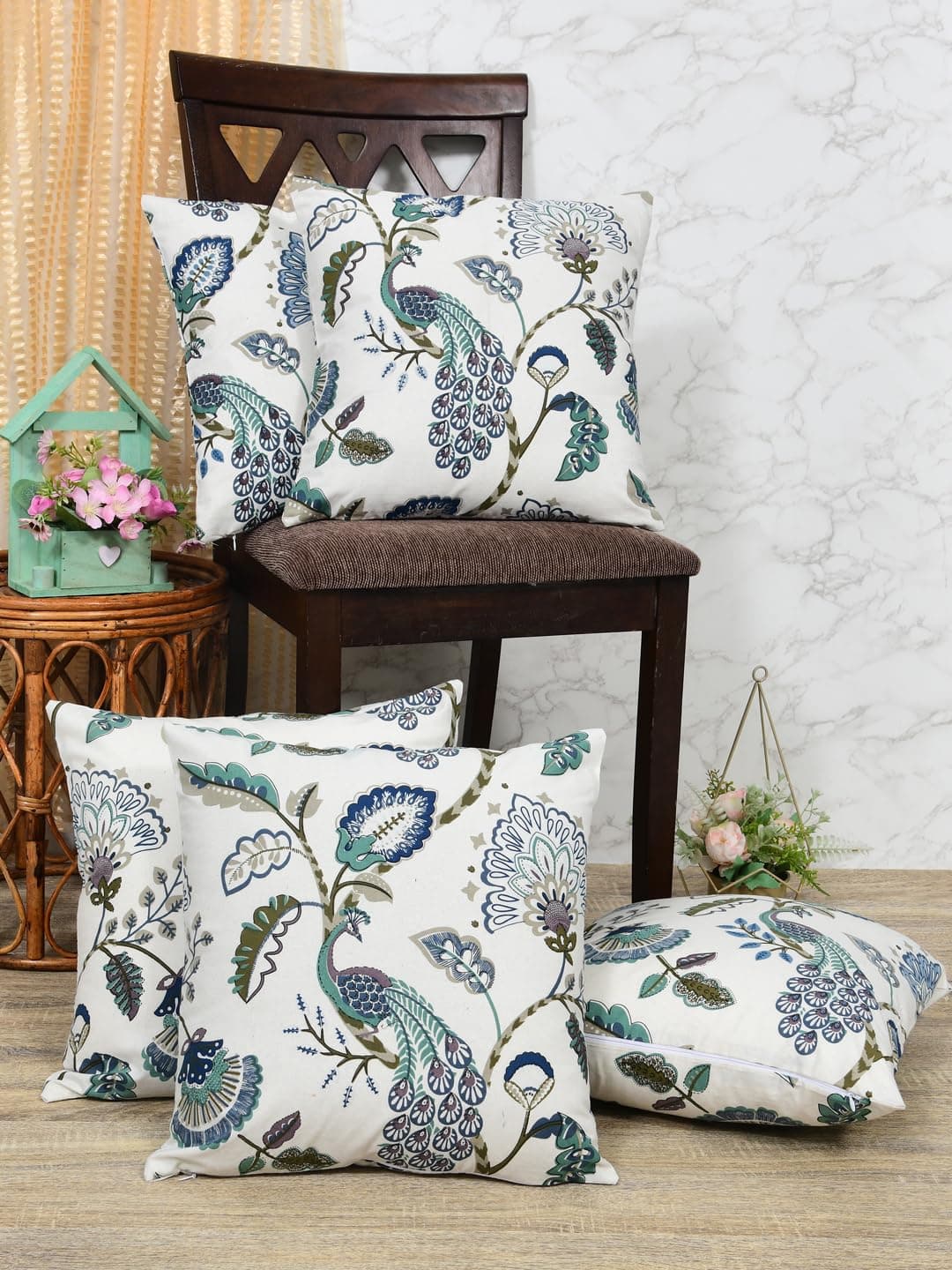 Clasiko Cotton Cushion Covers Set of 5; 12x12 Inches; Blue Gardenia