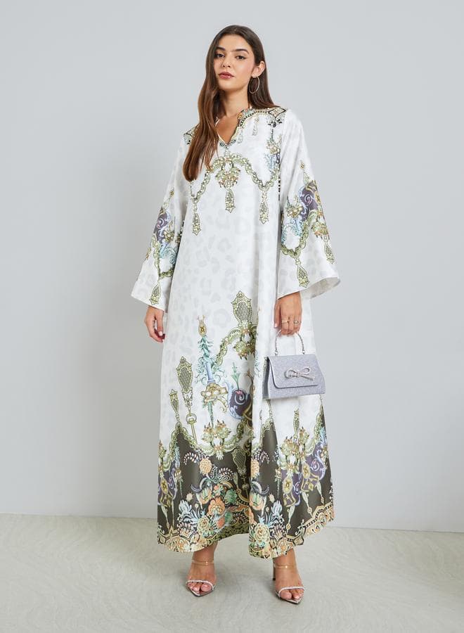 Printed Rhinestone Embellished Bell Sleeve Jalabiya