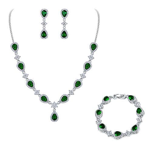 EleQueen Women's Silver-Tone Cubic Zirconia Teardrop Flower Bridal V-Necklace Sets Tennis Bracelet Dangle Earrings Emerald Color