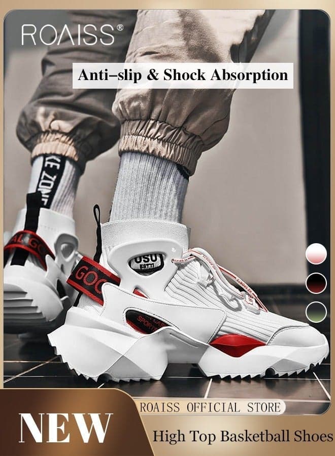 High Top Sneakers for Men Youth Breathable Non Slip Shock Absorbing Lace Up Basketball Shoes Fashionable and Versatile Male Elastic Braid Thick Sole Running Sports Shoes White