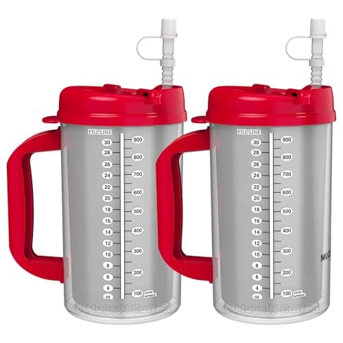 Mugs N Coffee 2-Pack 32 oz Travel Mugs – Red Hospital Mugs for Cold Drinks – Double Wall Insulated, Large Handle – BPA-Free, Leak-Resistant – Includes Lids and Straws – Made in USA