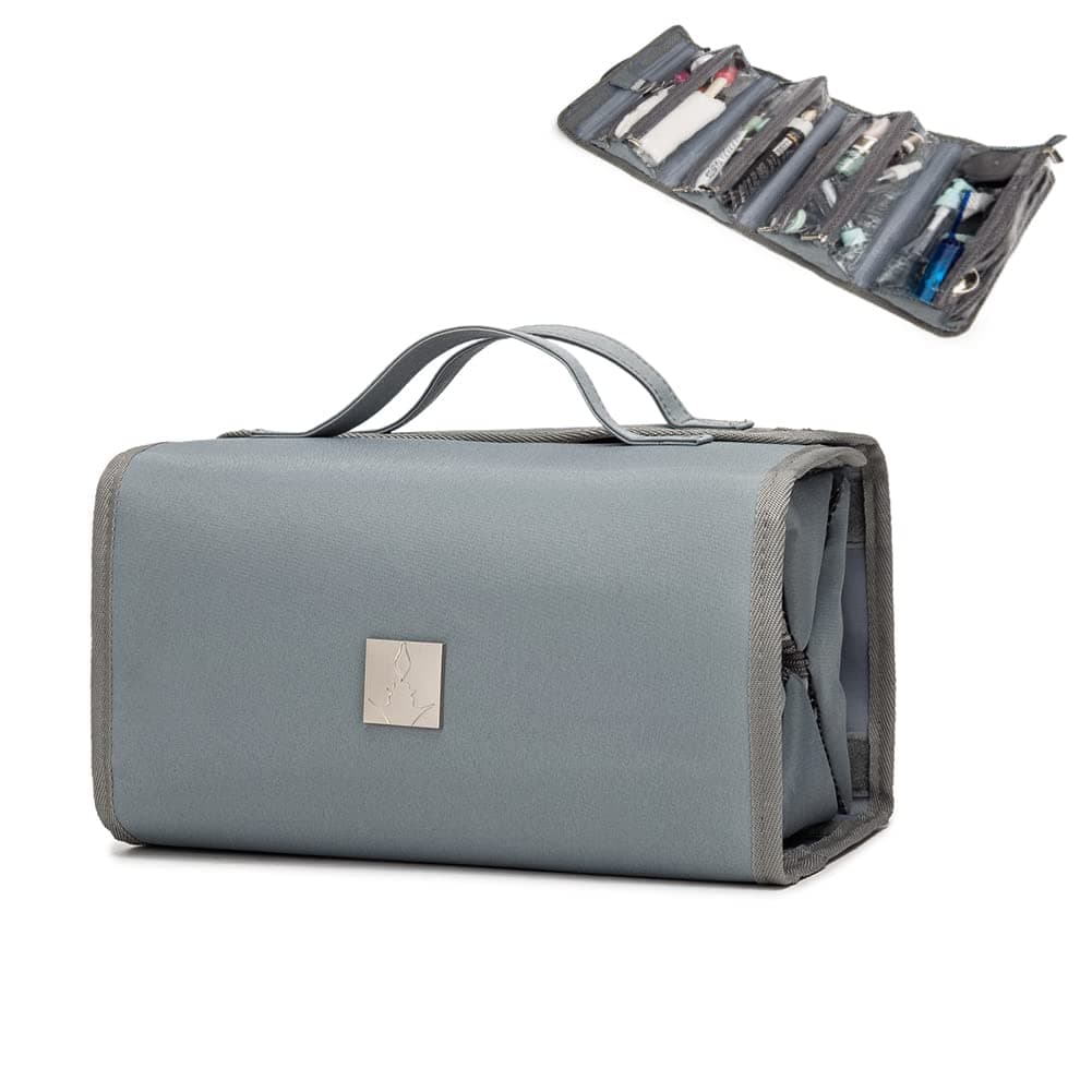 ROYALFAIR Roll Up Makeup Bag Travel Toiletry Bag for Women with 4 Clear TSA Approved Pouches Hanging Travel Organizer Folding Cosmetic Bag for Men and Women Grey