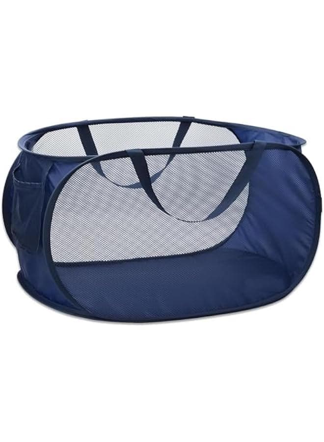 Pop Up Laundry Hamper,Collapsible Horizontal Baskets with Handles & Side Pocket,Foldable Sturdy mesh for Laundry Room,Bathroom,Kids Room,College Dorm or Travel (Blue)
