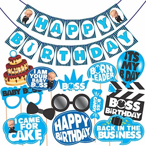 WOBBOX Happy Birthday Baby Boss Theme Party Props Blue Color with Strip Pattern Blue Color Font Bunting Banner Combo, Birthday Party Deocration Items, Party Decoration Item (13 Pcs)