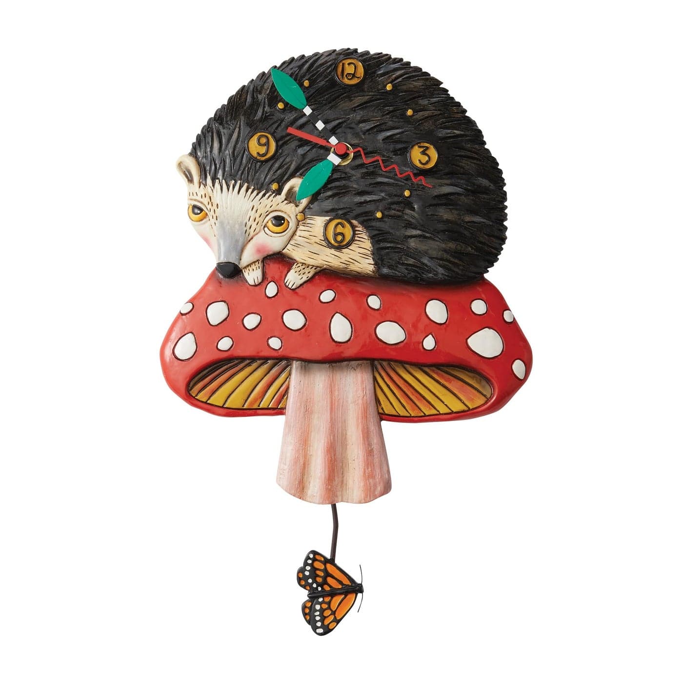 Enesco Allen Designs Hank The Hedgehog Sitting on Mushroom Sculpted Pendulum Wall Clock 1122 Inch Multicolor