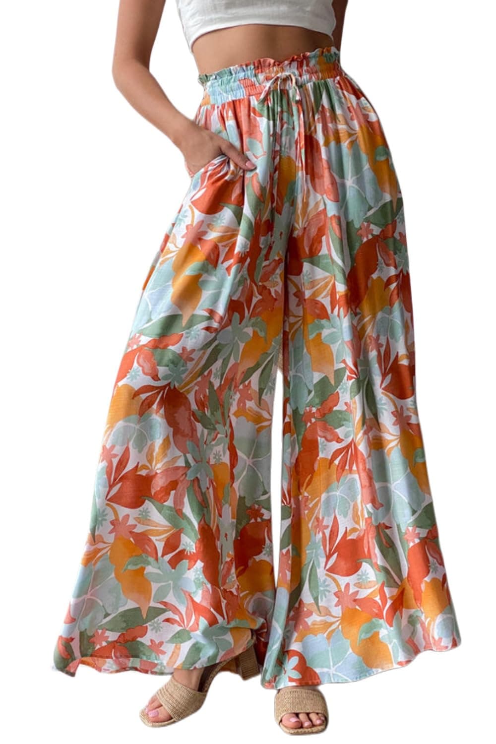 YOCUR Summer Beach Vacation Pants High Waisted Wide Leg Pants for Women Printed Loose Flowy Palazzo Lounge Trousers Orange XL