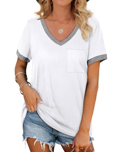 Womens Summer Tops 2025 Trendy Short Sleeve V Neck White Shirts Dressy Casual White Blouses Spring XXL
