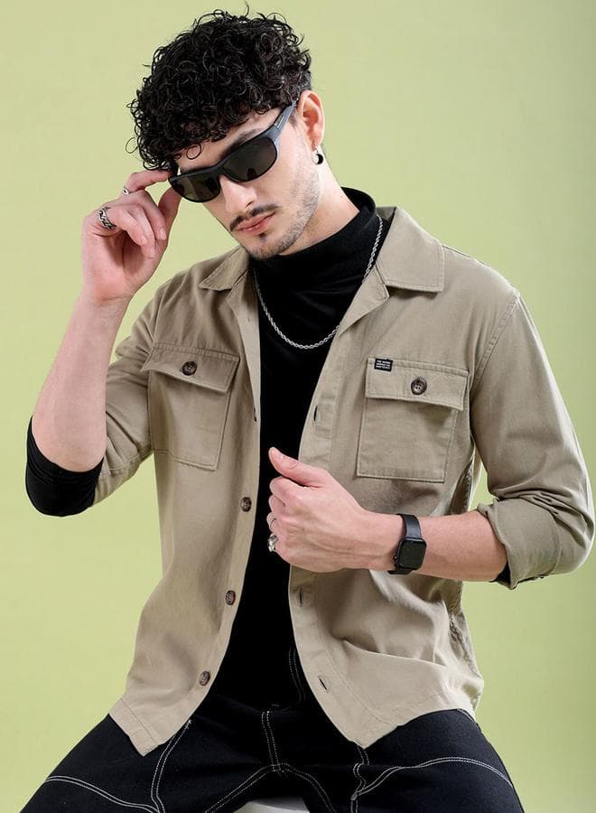 Men Khaki Back Graphic Casual Shirt