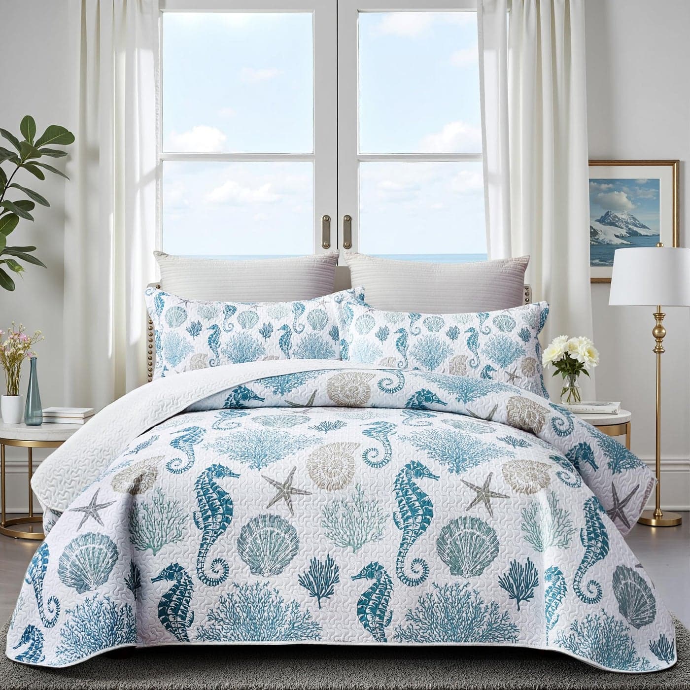 Coastal Bedding Twin Size Coastal Quilt with Shams Nautical Beach Comforter Sets Ocean Bedspreads Blue Seahorse Coverlet Summer Bedding 68x86