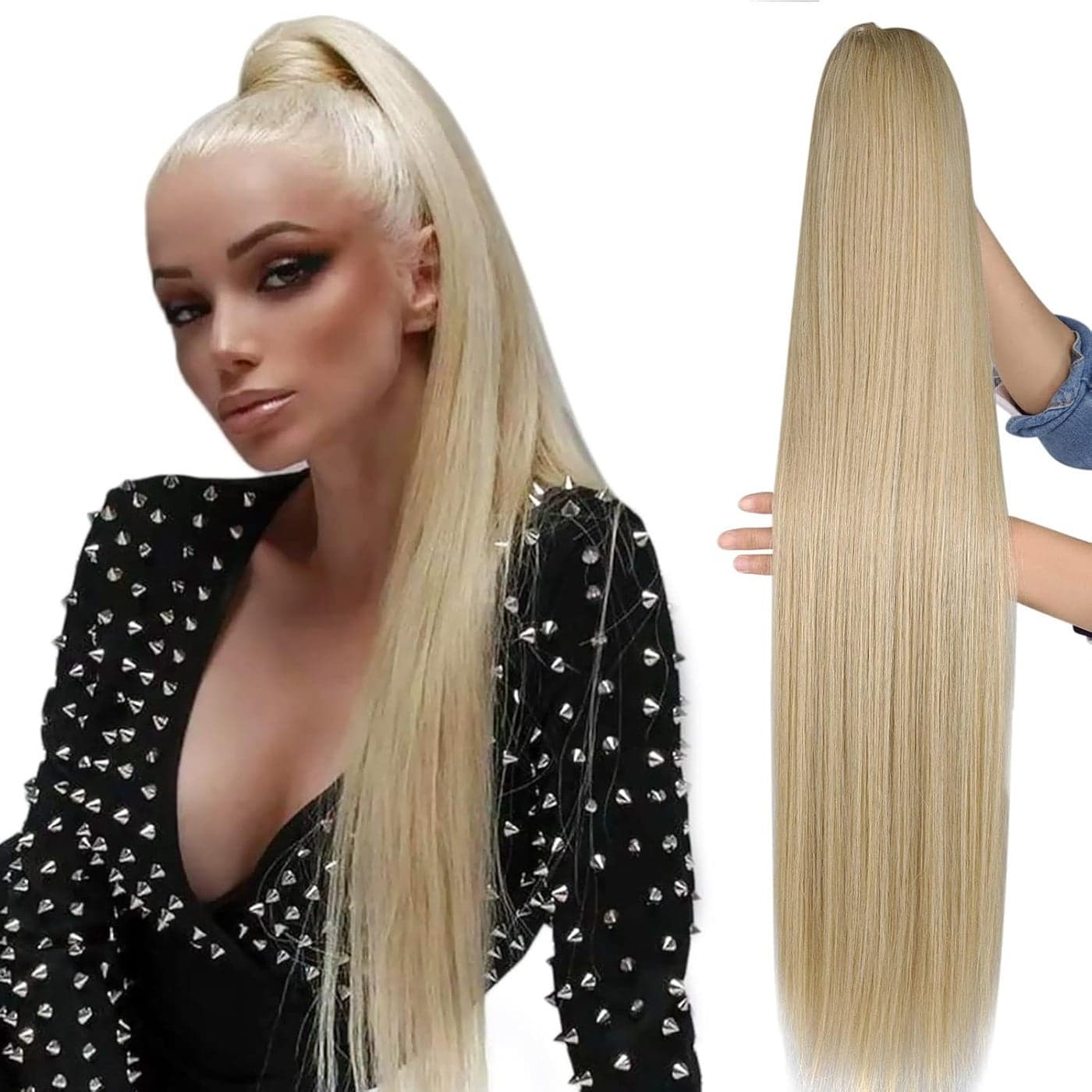 Straight Ponytail Extensions Blonde Highlights Drawsting Long Ponytail Clip in Hairpiece Synthetic Ponytail Hair Extensions for Black Women32 Inch MT27613 670OZ