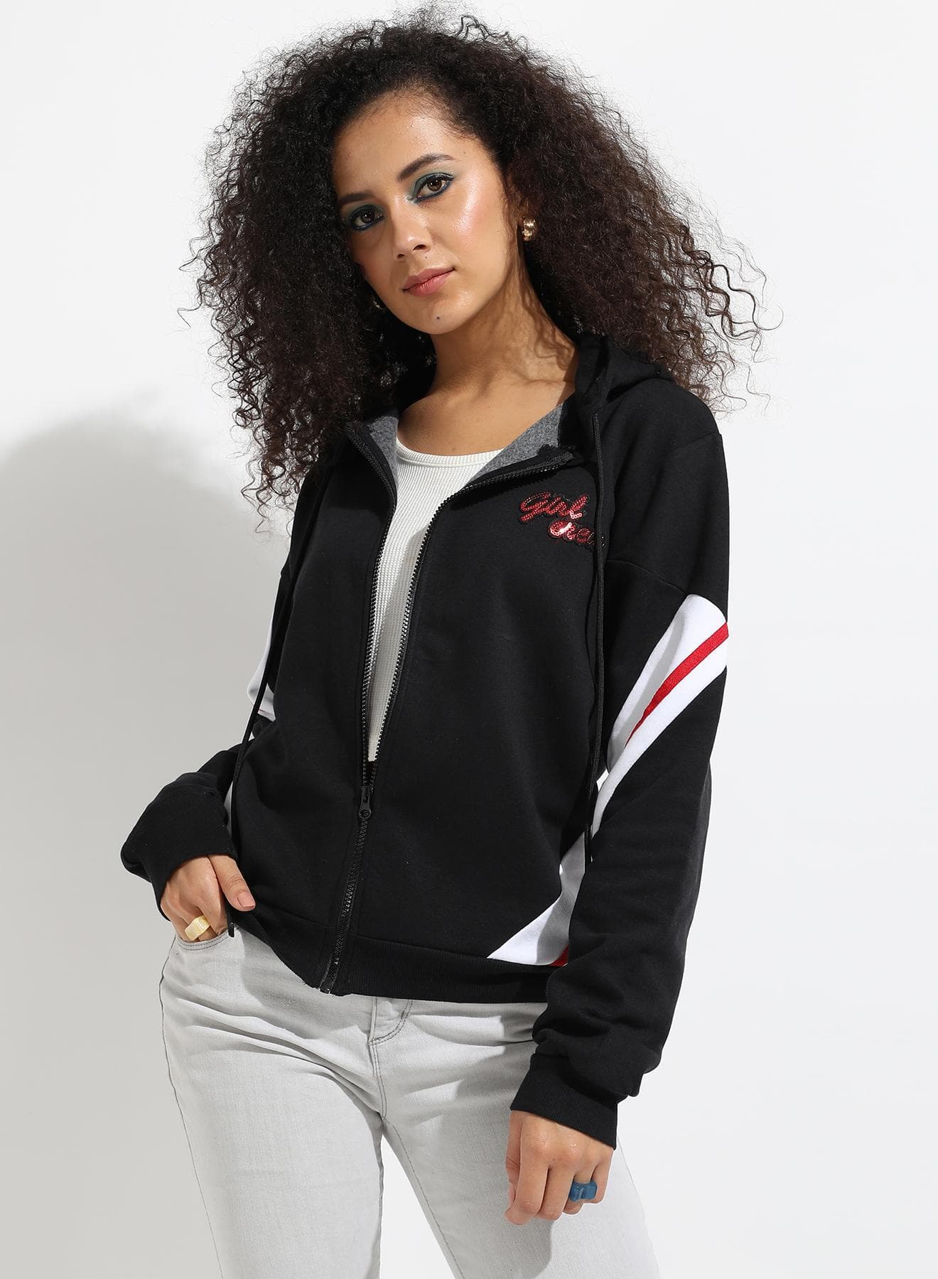 Women's Black Zip-Front Hooded Sweatshirt With Contrast Panels
