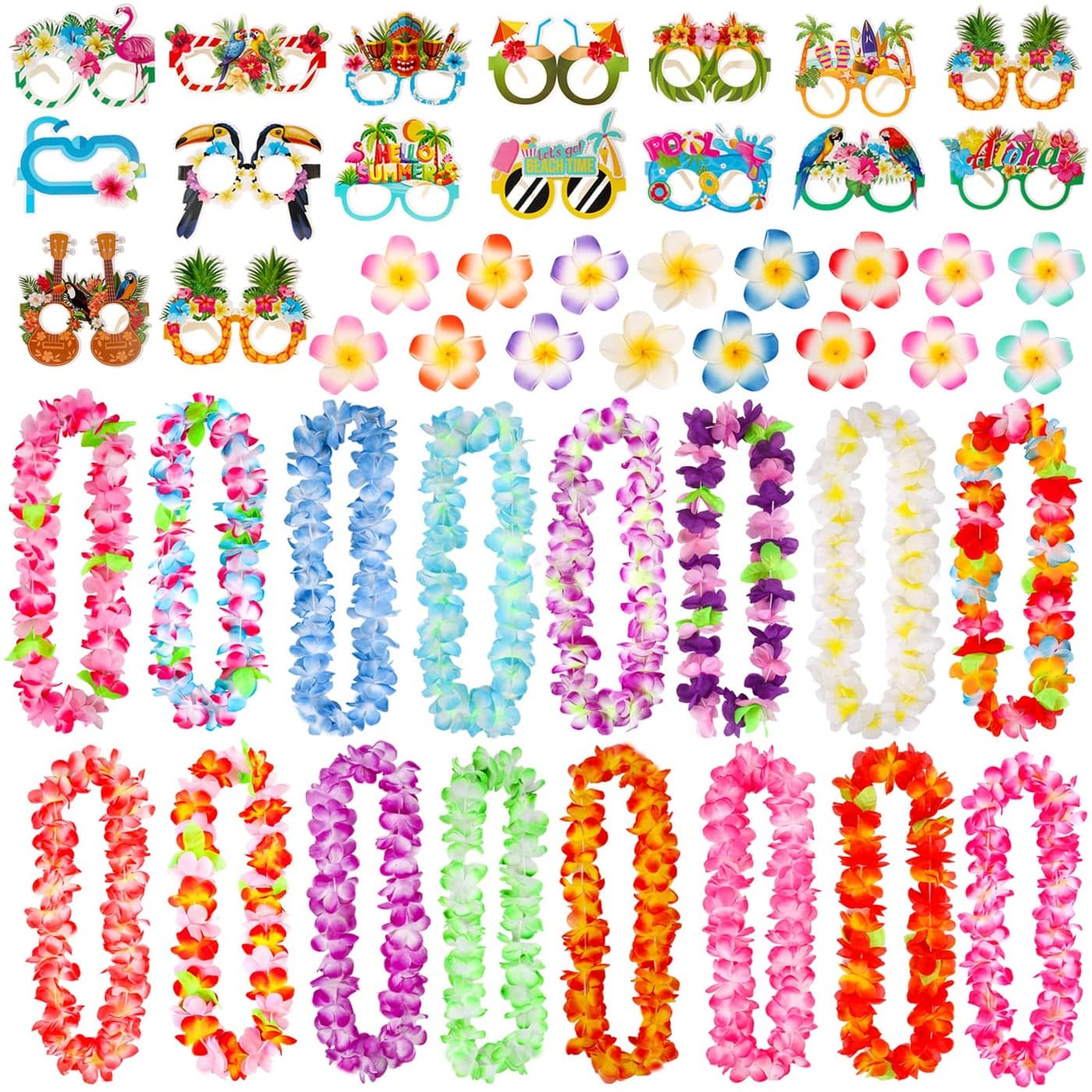 Atonofun 48 PCS Leis for Luau Party Hawaiian Leis Bulk Luau Party Glasses Flowers Hair Clip Tropical Birthday Summer Beach Luau Party Favors Supplies