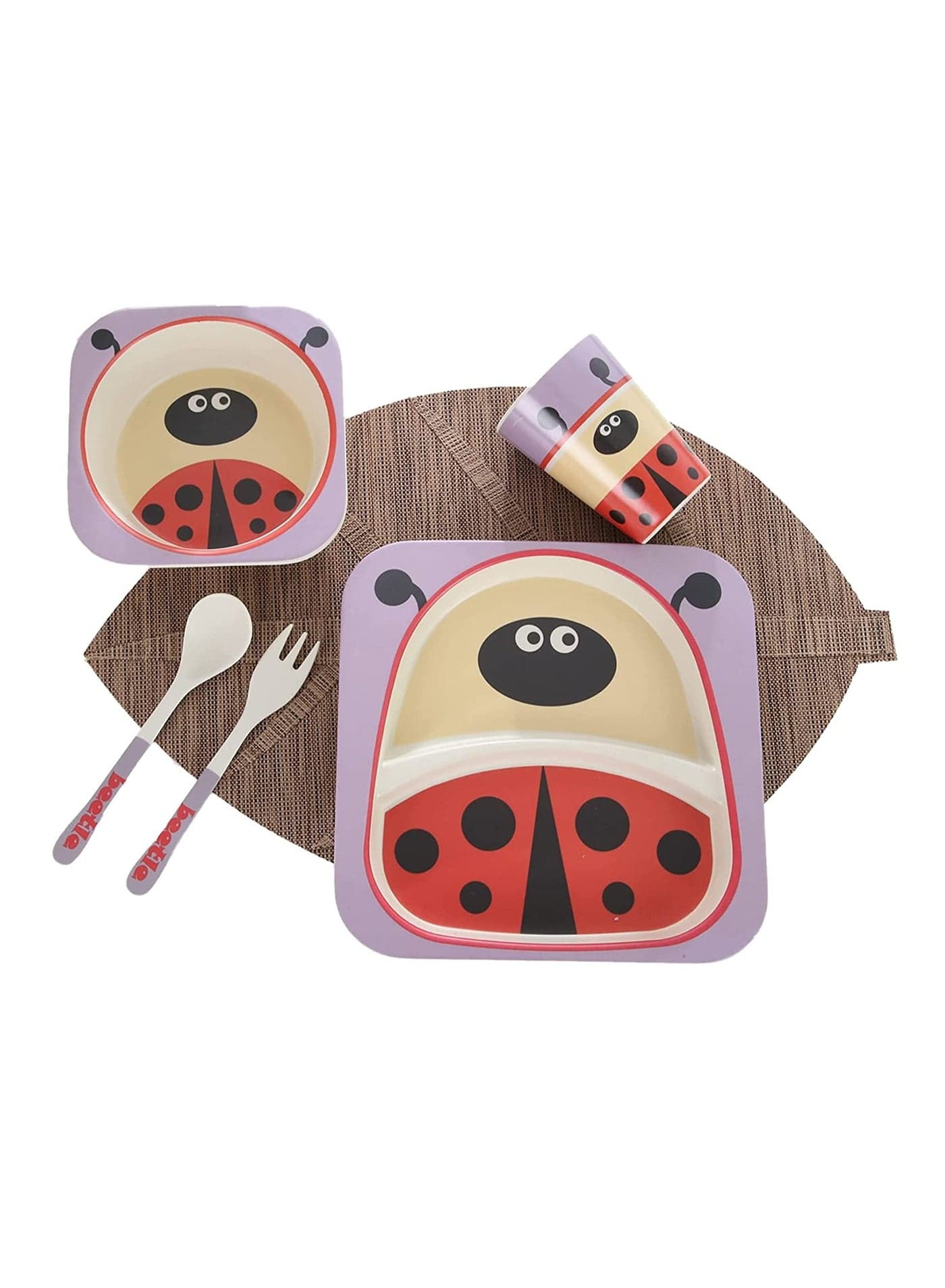 Bamboo Kids Plate and Bowl Set | Matching Dishes for Toddlers Ages 1+ 5 Piece Divided Dinnerware Includes Plate, Bowl, Cup & Utensils Reusable, BPA Free Dishwasher Safe Toddler Set(Ladybug)