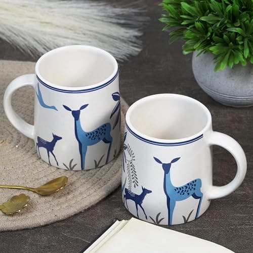 CRAF10 Blue Stag Ceramic Coffee/Tea Mugs – Set of 2, 330 ML Each, Elegant & Durable, Microwave & Dishwasher Safe