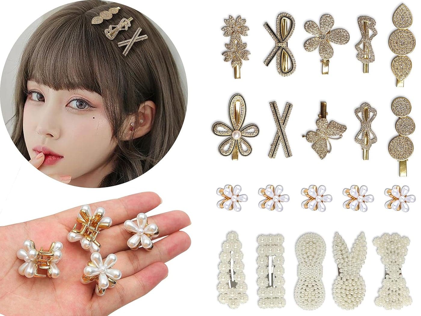 RedChimes 20 Pcs Stylish Rhinestone Pearl Mix Hair clips Metal Pearl Mini Clutches combo Set Hair Accessories for Girls Women