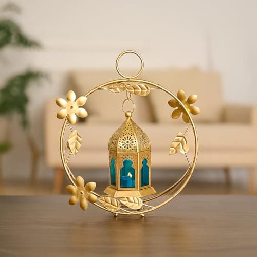 MARKET 99 Metal+Glass Golden Metal Wreath Lantern with Blue Glass | for Diwali, Christmas, Birthday, and Wedding | Decorative Candle Holder for Home Decor & Festive Season | Golden & Blue