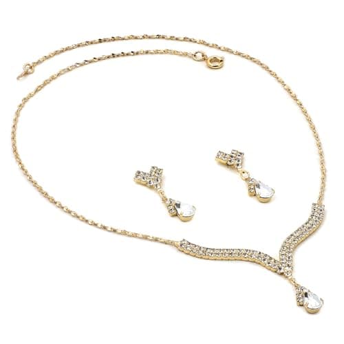 Topwholesalejewel (70043-200) Gold Crystal Rhinestone Necklace with 2 Line Teardrop Center & Matching Dangle Earrings Jewelry Set