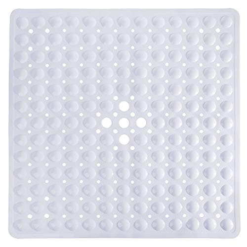Yimobra Shower Stall Mat Non Slip, 21x21 Inch, Soft Square Bath Mat for Shower with Suction Cups and Drain Holes, Stall Floor Mats for Bathroom, Machine Washable, Bathroom Accessories, White