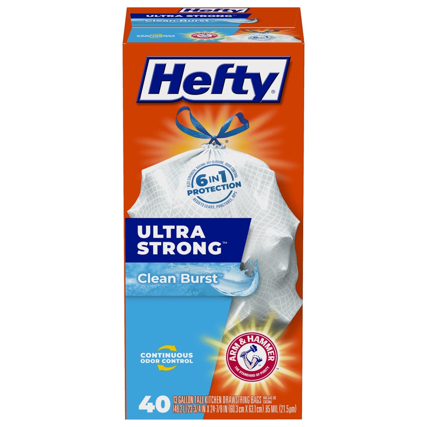 Hefty Ultra Strong 13 Gallon Trash Bags Tall Kitchen Trash Bags 13 Gallon Size Drawstring Closure Continuous Odor Control White Clean Burst Scent 40 Bags