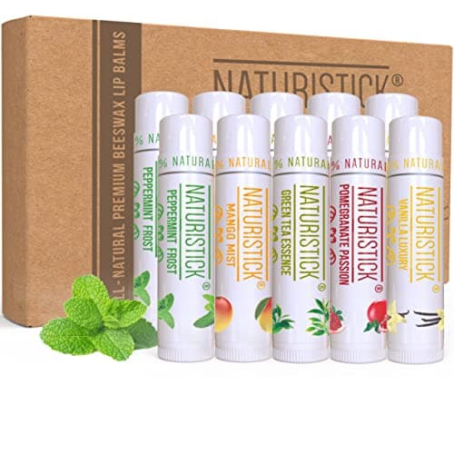 Naturistick Natural Beeswax Lip Balm 10-Pack | Assorted Flavors | Standard 0.15 oz Tubes