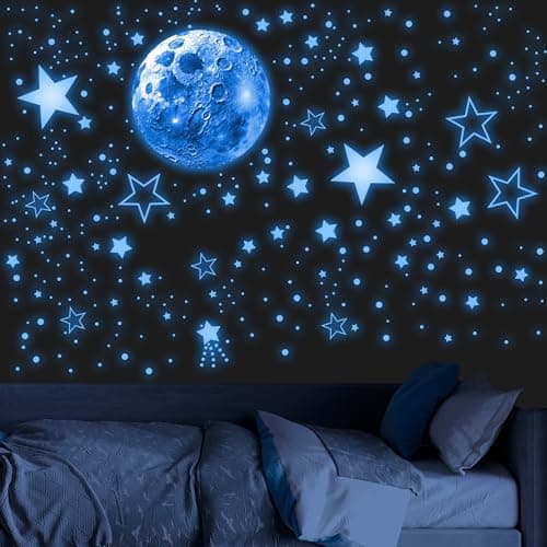 965 PCS Glow in The Dark Stars and Moon for Ceiling Luminous Stars and Planet Wall Decals Kids Room Decor Glowing Galaxy Wall Stickers for Nursery Decorations Blue
