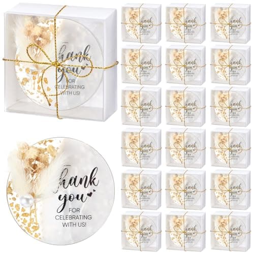 Coume 50 Pcs Wedding Favors for Guest Bulk Crystal Resin Fridge Magnet Handmade Souvenirs Gifts with Dry Flowers Thank You Text for Wedding Engagement Baby Bridal Shower