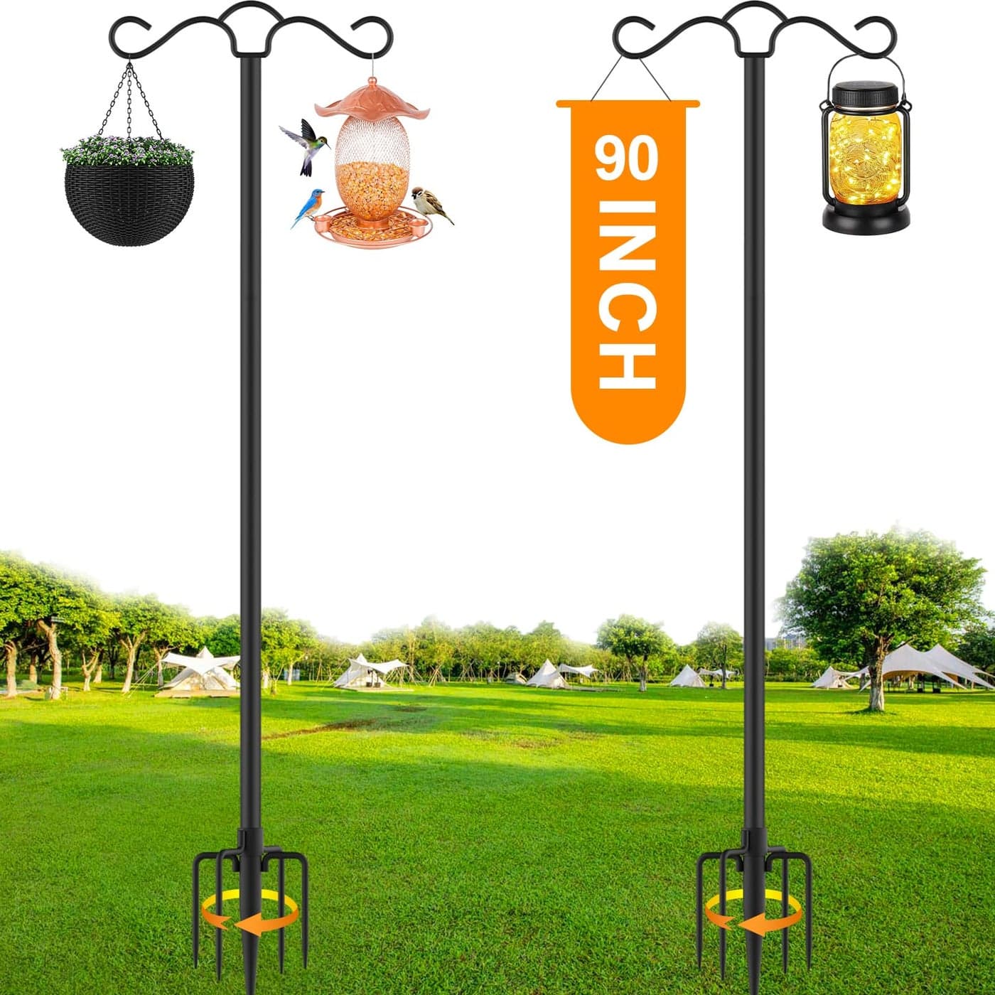 Double Shepherds Hook for Outdoor with 5 Prong Base 90 Inch Heavy Duty Two Sided Bird Feeder Pole for Hanging LanternHummingbird FeederLightweight PlantShepherds Hook for Bird Feeders