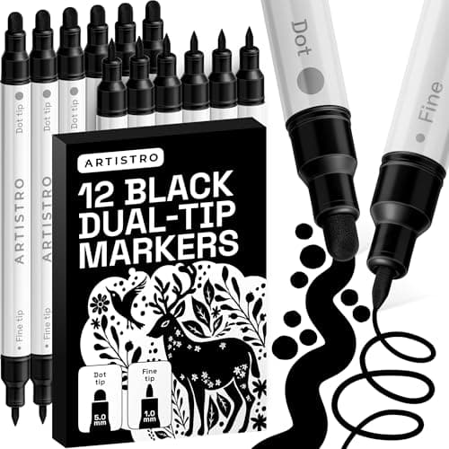ARTISTRO 12 Black DualTip Acrylic Paint Markers Paint Pens Set with Dot Fine Tips for Fabric Rock Glass Wood Coloring Books Arts Crafts Gift Classroom Must Haves School Supplies