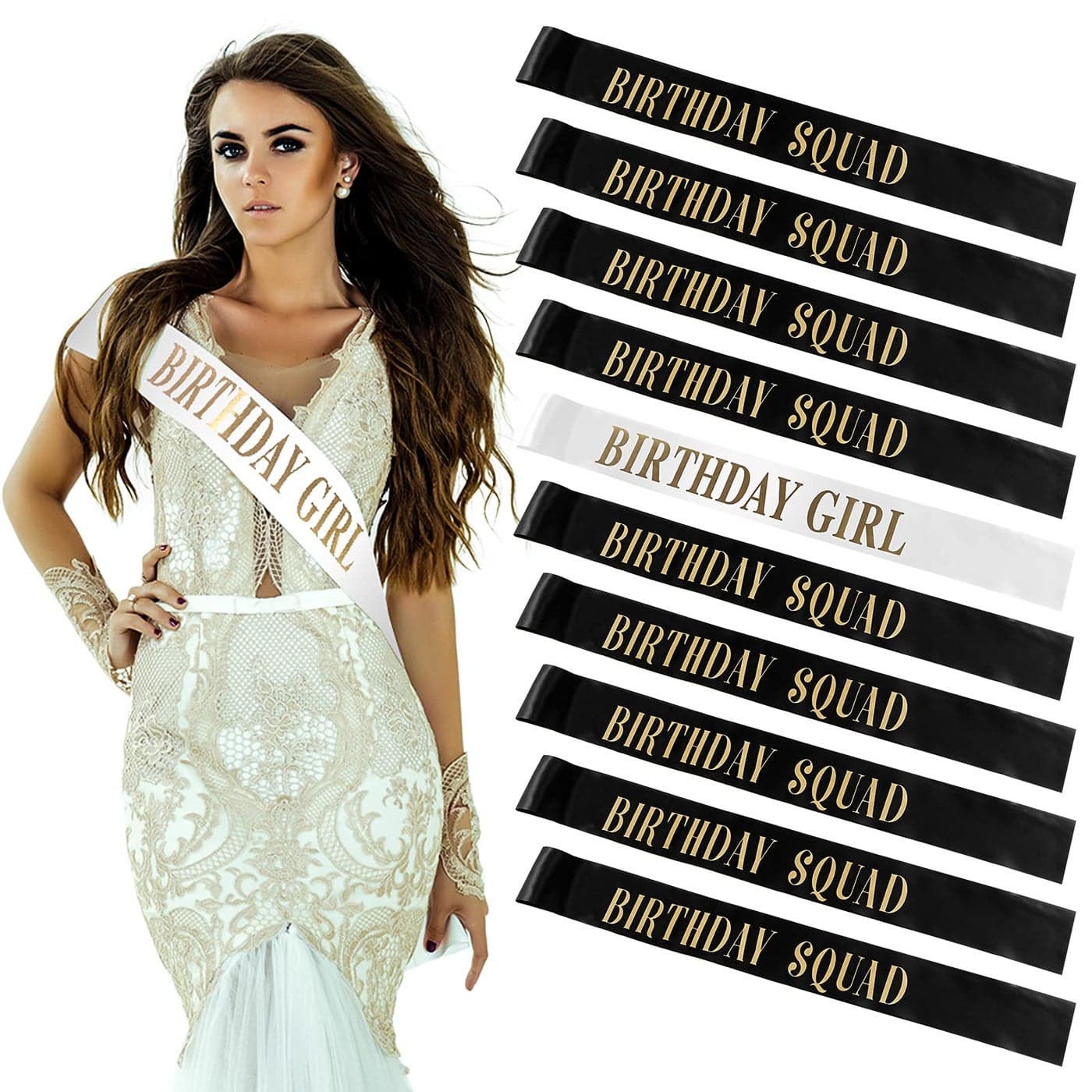 Weewooday 10 Pieces Birthday Squad Sash Set 9 Black and Gold Birthday Group Sash 1 White and Gold Girl Girdle for Women Funny Party Decorations for Sweet Gift