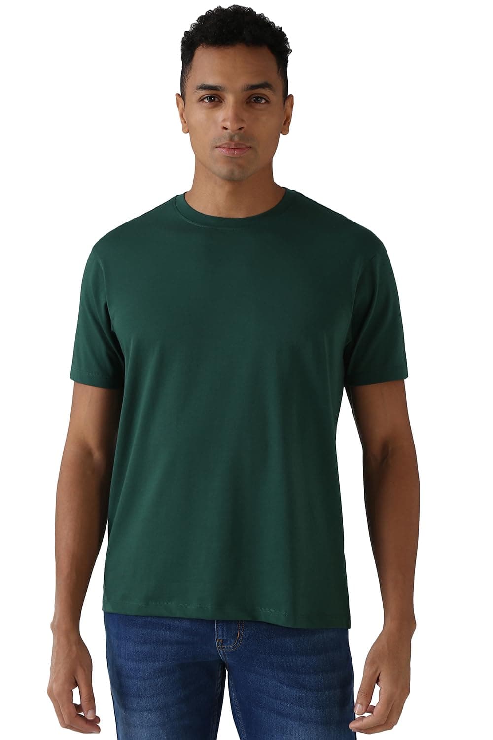 Peter England Men Green Solid Round Crew Neck Round Neck T-Shirts
