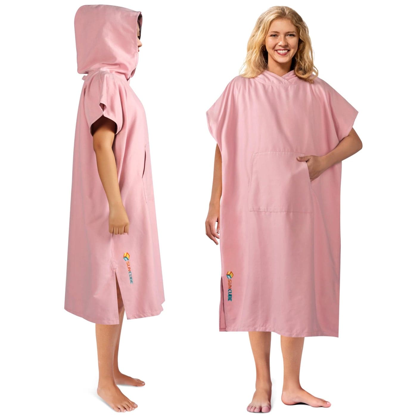SUN CUBE Surf Poncho Changing Robe with Hood Quick Dry Microfiber Wetsuit Changing Towel for Surfing Beach Swim Outdoor Sports Men Absorbent Wearable Towel Cover Up with Pocket Pink