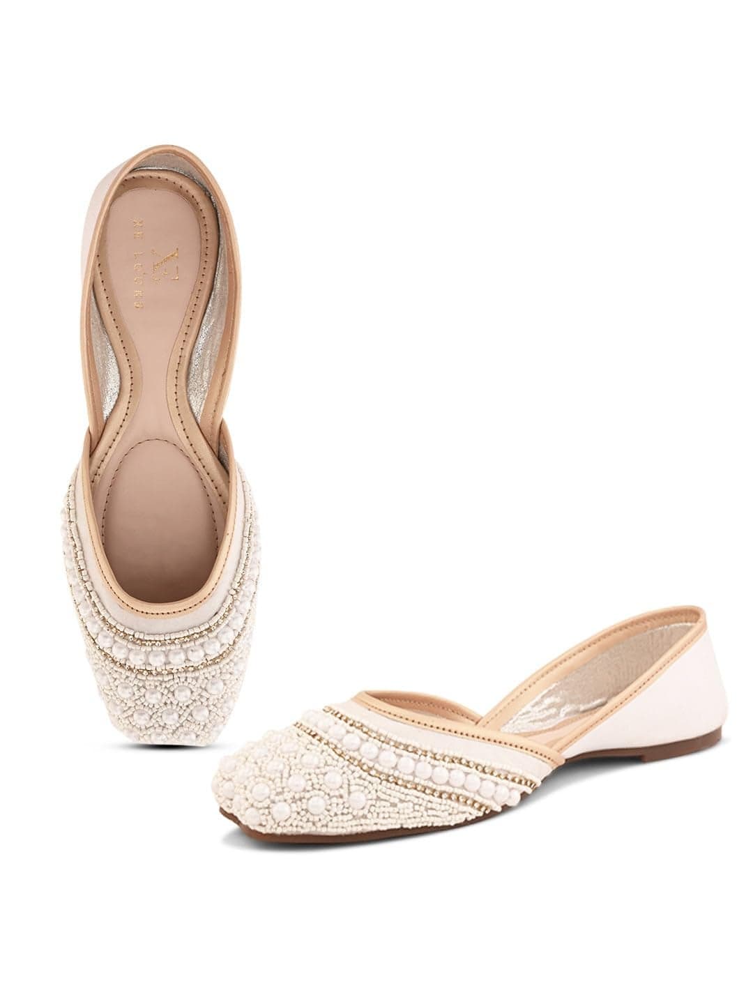 XE Looks Handcrafted Embellished White Jutti | Traditional Ethnic Punjabi Juttis with Pearl & Beaded Detailing | Elegant Slip-On Footwear for Girl & Women