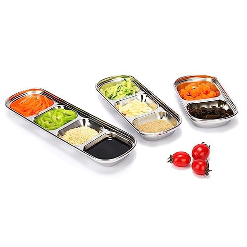 drizzle 3PCS Sauce Dish Stainless Steel Soy Tomato Sauce Salt Vinegar Sugar Spices Flavor Condiment Dip Bowls Korean BBQ Home Kitchen Plates