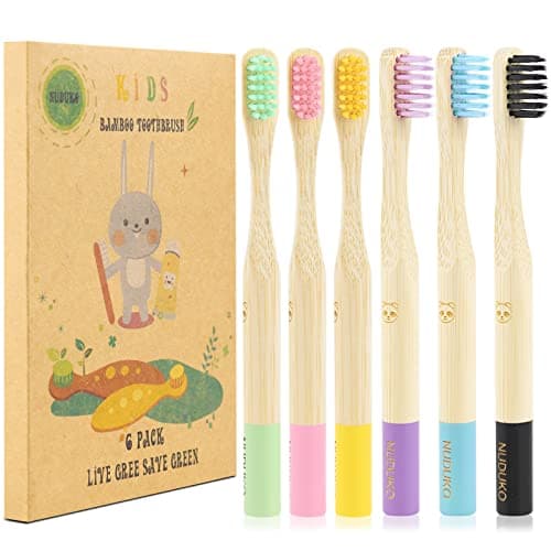 NUDUKO Bamboo Kids Toothbrushes (6 Pack) - Soft Bristle Organic Compostable BPA Free Toothbrush for Kids Toddler Baby Tooth Brush, Eco Friendly Natural Biodegradable Wooden Toothbrush - Round Handle