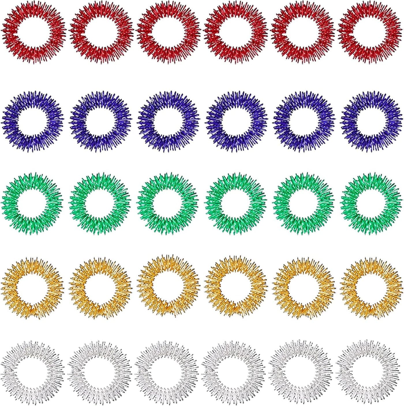 Blulu 30 Pieces Acupressure Rings Spiky Sensory Rings for Fingers Stress Relief Fidget Sensory Massager for Teens Adults Red Blue Green Gold Silver