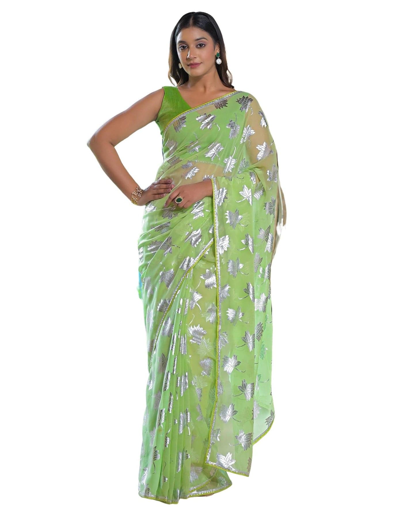SIRIL Women's Georgette Foil Print Saree With Unstitched Blouse (4443S342_Green)