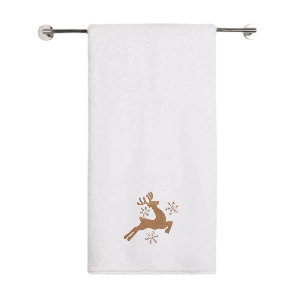 Iris Christmas Embroidered 70 x 140 Cm White Bath Towel - "Leaping Reindeer with Snowflakes" Design 100% Cotton - Premium Holiday Collection