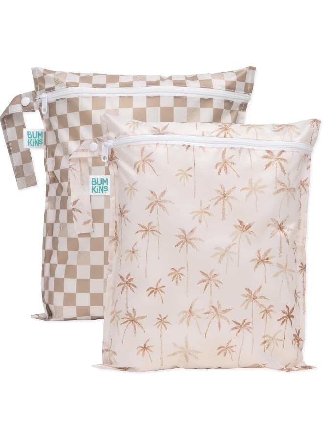 Bumkins Waterproof Wet Bag for Baby, Travel, Swim Suit, Cloth Diapers, Pump Parts, Pool, Gym, Toiletry, Strap to Stroller, Daycare, Zip Reusable Bag, Wetdry Packing Pouch, 2-pk Palm Trees, Sand Check