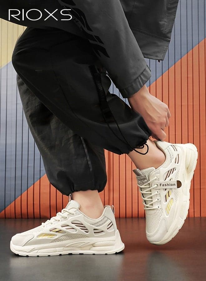 Men's Sneaker, Low Top Sneakers for Men, Breathable Mesh asual Shoes with Platform Sole, Classic Retro for Daily Wear, Lightweight Sports Walking Shoes, Non-Slip Athlesiure Shoes, Man Thick-Soled Sneakers, Round-Toe Minimalist Sneakers, Comfortable Fashion Athletic Traniers for Street Style, White F