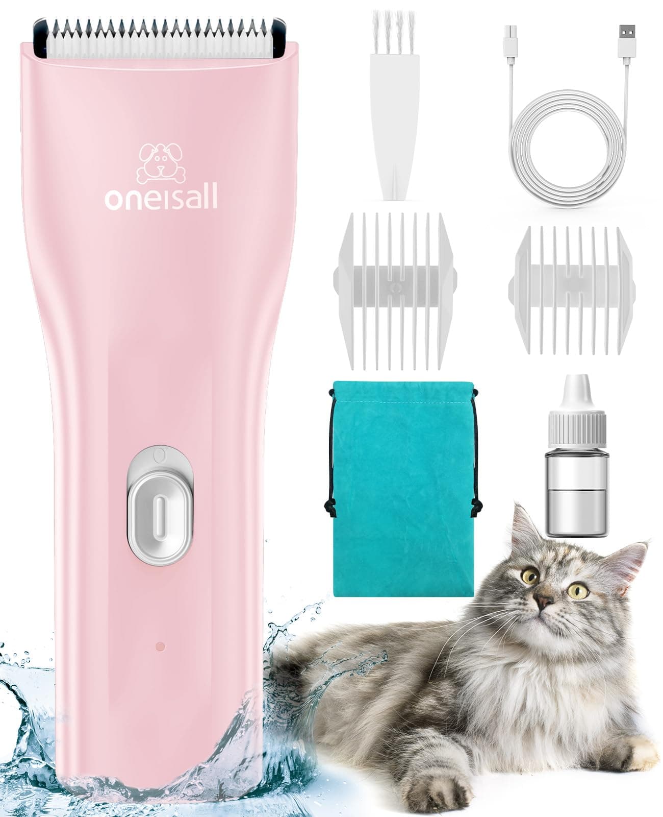 oneisall Pet Clipper for Cat Matted Hair Pet Shaver for Cats Quiet Pet Clippers Waterproof Cordless Cat Clippers for Matted Hair Long Hair with Storage Bag Pink