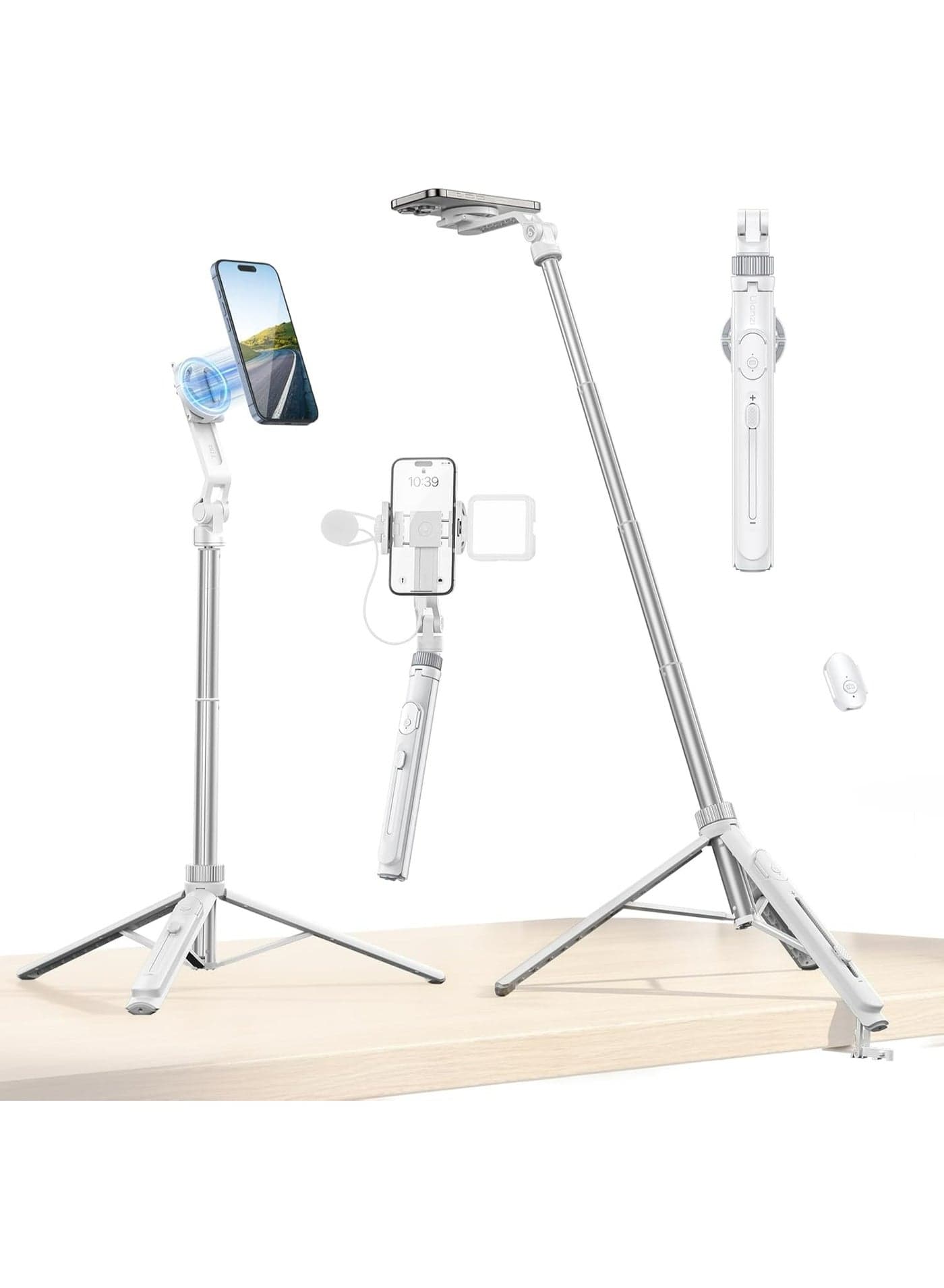 ULANZI TT88 Magnetic Tripod for iPhone, 57" Extendable Selfie Stick with Remote, 2-in-1 Phone Clip & Dual Cold Shoe Mounts-Lightweight Phone Tripod Stand for Vlogging, Travel, Video Recording (White)