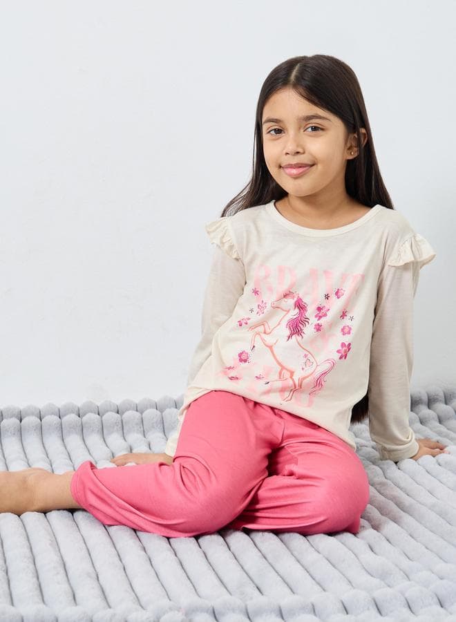 Graphic Print Ruffle Trim Top And Pyjama Set