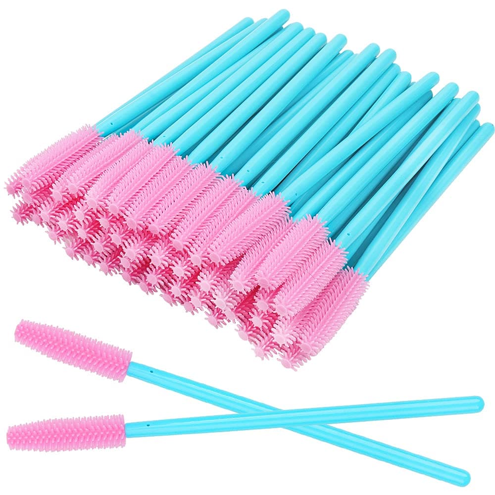 100 Pcs Silicone Mascara Wands Disposable Eyelash Brushes for Extensions Lash Applicators Makeup Tool Kit Blue HandlePink Brush Head