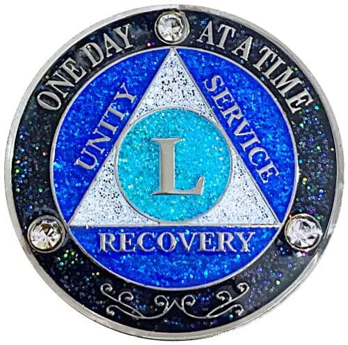 (Years 1-50) AA 50 Year Crystals & Glitter Medallion, Silver Color Plated, Black Rainbow, Blue Glitter and Three Clear Crystals, Epoxy Covered (AA 50 Year Crystals & Glitter Medallion)