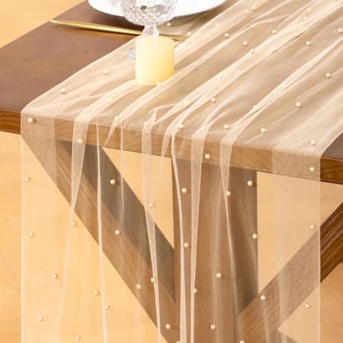 Socomi Pearl Table Runner Tulle Beige Summer Cheesecloth 10FT Gauze Cheese Cloth Sheer Chiffon Dining Wedding Birthday Party Baby Shower Bridal Anniversary Holiday Centerpiece Table Decor