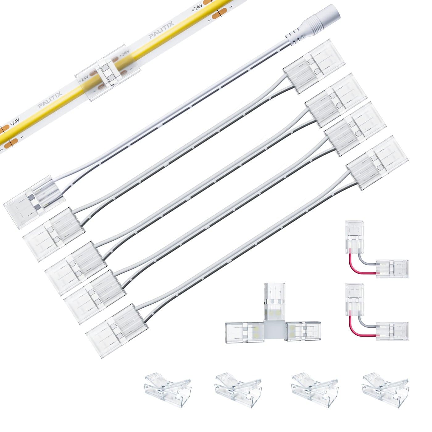 PAUTIX 8mm Connectors for 2Pin COB LED Strip Lights4pcs Transparent Gapless Connectors4pcs Dual End1pc Single to DC Female Plug 79in Extension Wire2pcs Lshaped Connectors1pc Tshaped Connector
