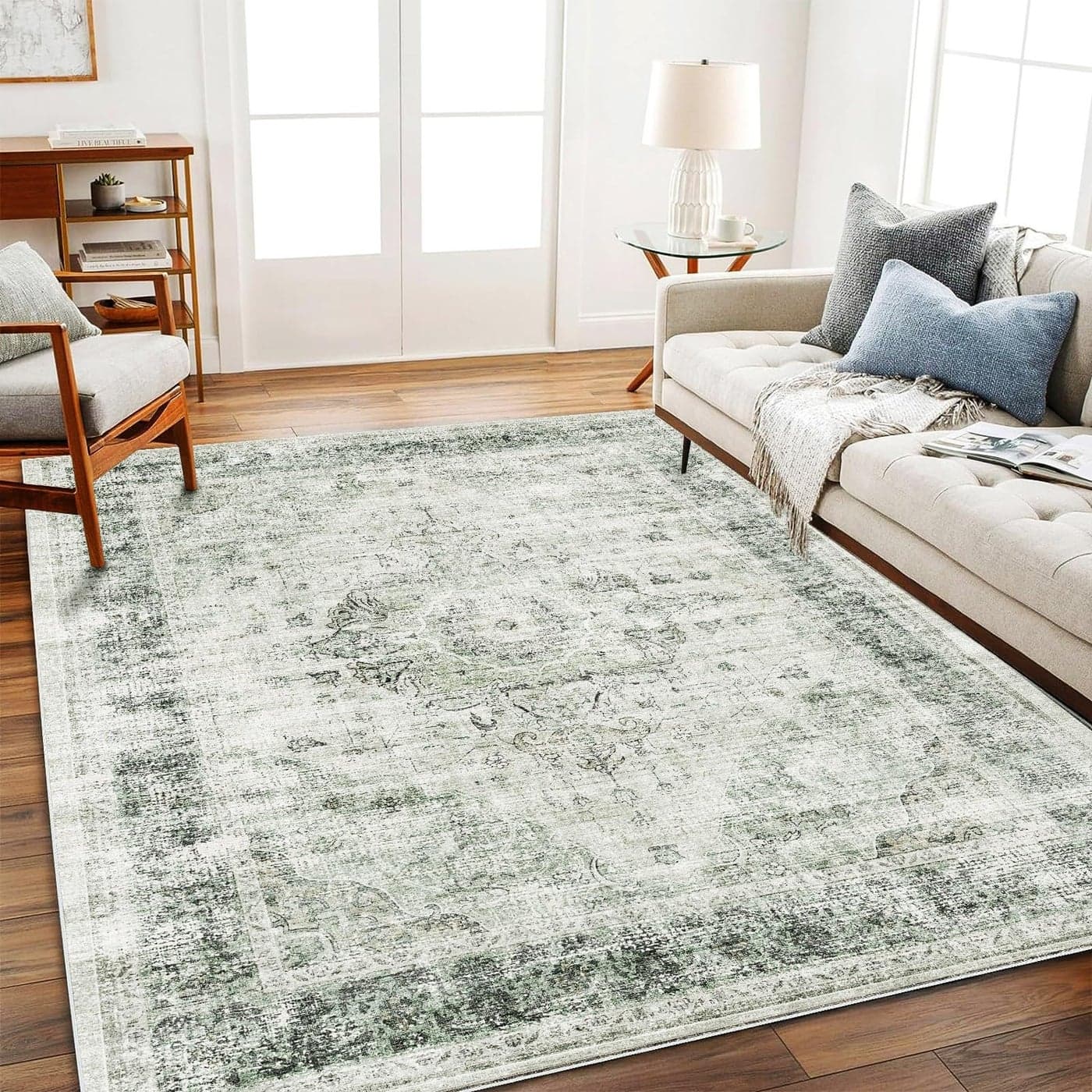 CHAMPLANT Area Rug 5x7 Washable Rug Floral Green Vintage Traditional Floor Cover Thin Retro Kitchen Indoor Distressed Non Slip Carpet for Living Room Bedroom Dining Room