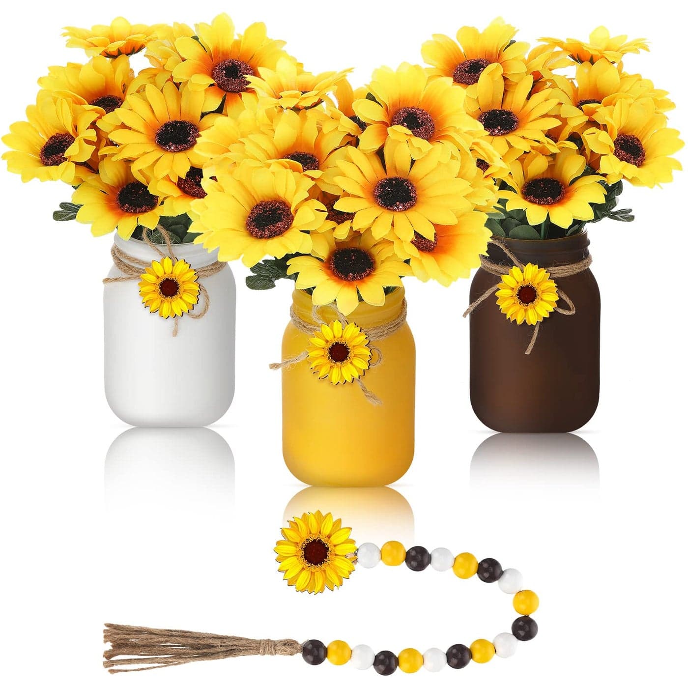 Karenhi 13 Pcs Summer Mason Jar Table Decor Sunflower Centerpieces for Tables with Artificial Flowers and Garland Independence Day Centerpiece for Home Kitchen Indoor DecorBright Sunflower